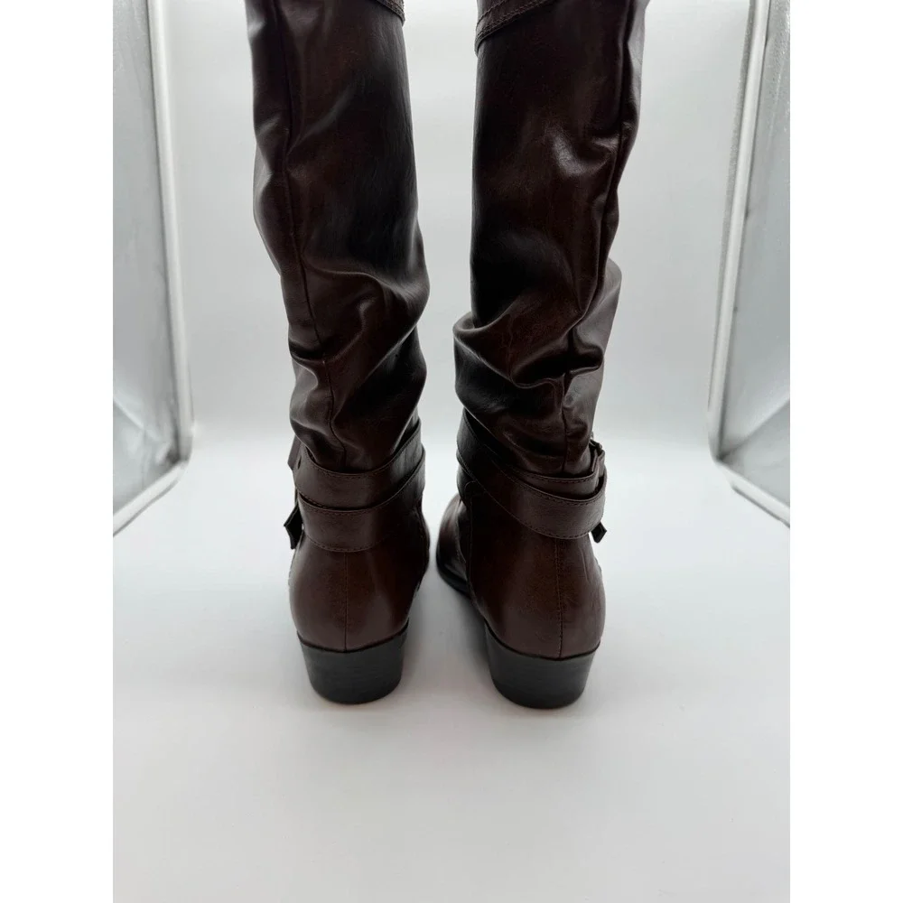 SM New York Brown Slouchy Knee High Boots Women 9M Buckle Strap Low Heel